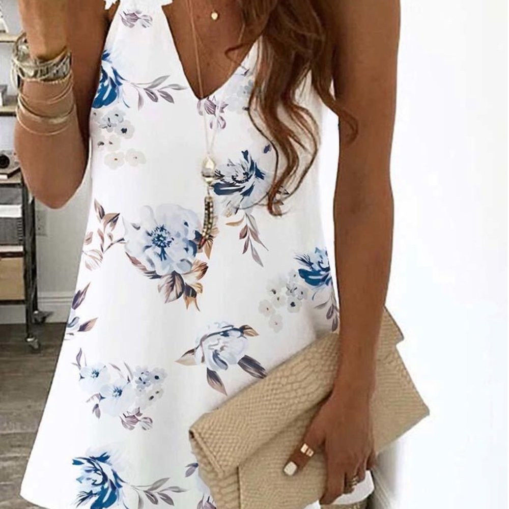 Floral Lace Splicing V-Neck Mini Dress - White